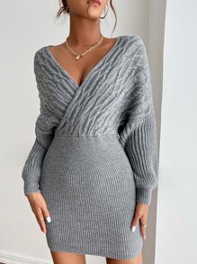 Surplice Neck Sweater Dress - Grey - View 3