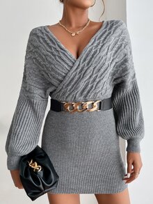 Surplice Neck Sweater Dress - Grey - View 5