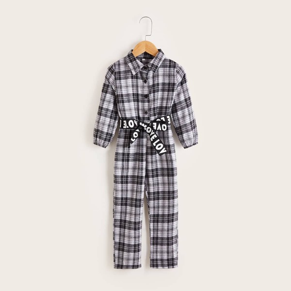 

Toddler Girls Tartan Belted Shirt Jumpsuit, Black and white