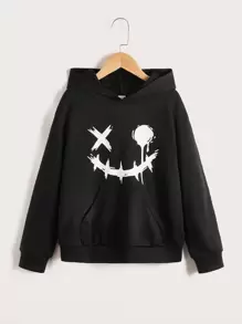 SHEIN 青少年男孩袋鼠口袋图案卫衣 - 黑色 - 查看 1