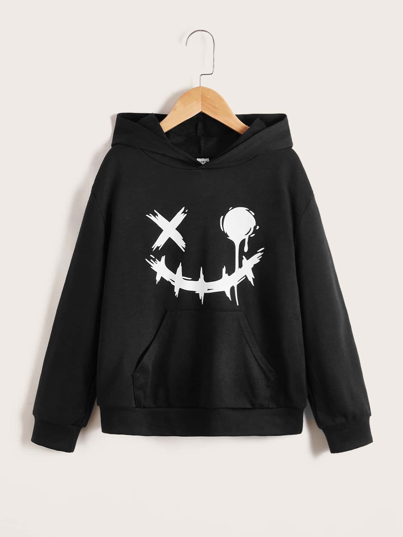 SHEIN 青少年男孩袋鼠口袋图案卫衣 - 黑色 - 查看 1