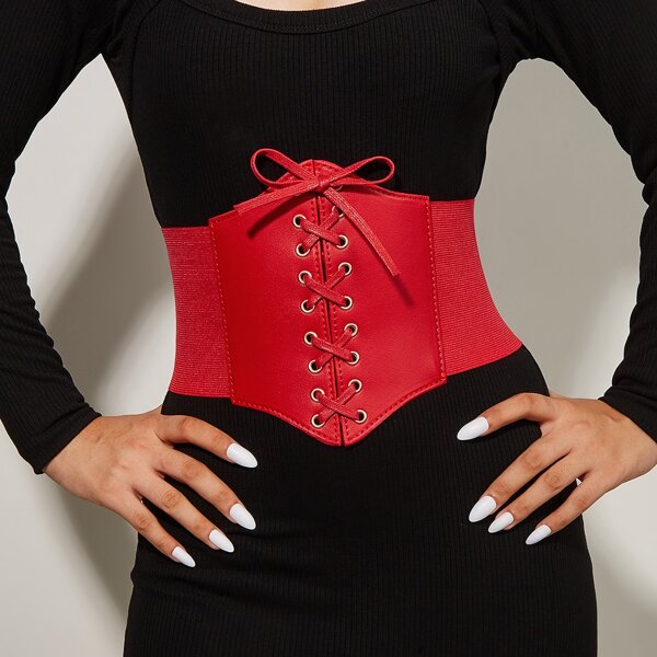 

Lace Up Corset Belt, Red