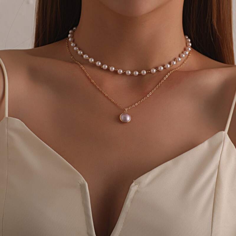 

Faux Pearl Decor Layered Necklace, Gold