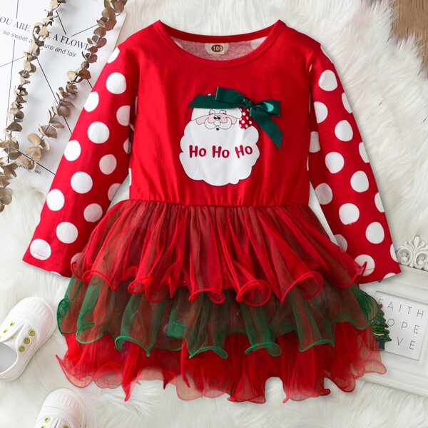 

Toddler Girls Polka Dot & Christmas Santa Print Layer Mesh Hem Dress, Red