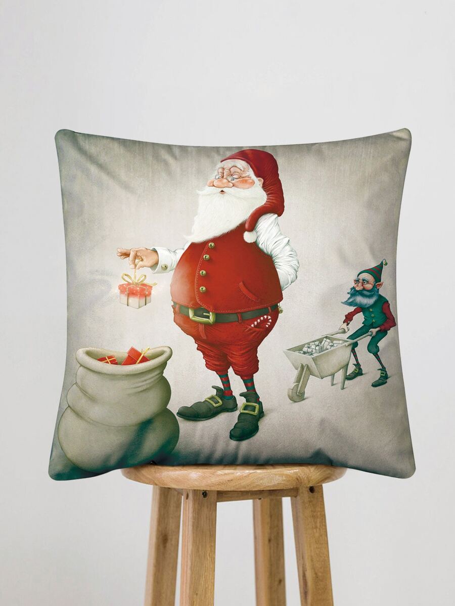 Christmas Santa Print Cushion Cover Without Filler - Multicolor - View 1