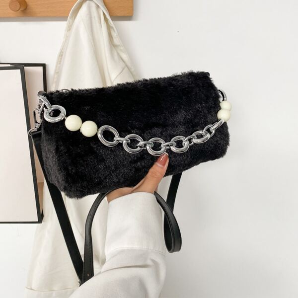 

Minimalist Chain Fluffy Satchel Bag, Black