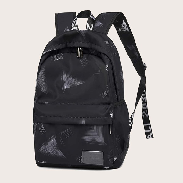 

Geometric Pattern Letter Patch School Bag, Black