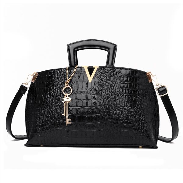 

Croc Embossed V-cut Block Top Handle Bag, Black