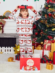 SHEIN Girls Christmas Print Flannel 1 Pullover & 1 Pants
