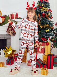 SHEIN Girls Christmas Print Flannel 1 Pullover & 1 Pants