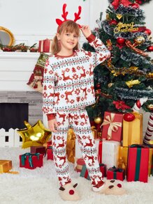 SHEIN Girls Christmas Print Flannel 1 Pullover & 1 Pants
