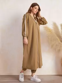 Mulvari Drop Shoulder Side Stripe Zip Front Coat & Trousers - Brown - View 3