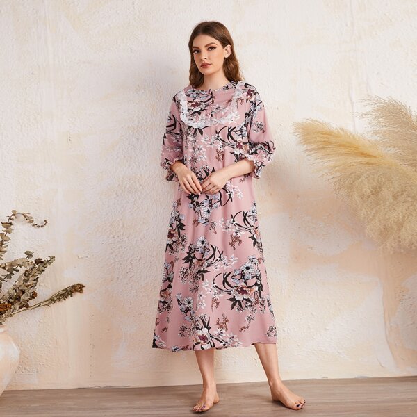 

Floral Print Half Button Ruffle Trim Night Dress, Dusty pink