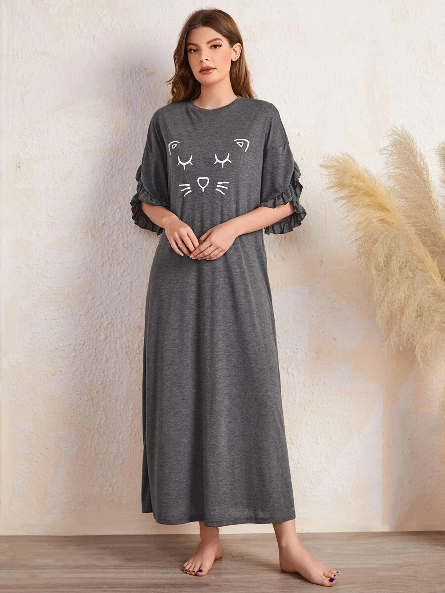 SHEIN Unity 猫咪印花荷叶边袖落肩睡裙，Moo Moo - 灰色 - 查看 1