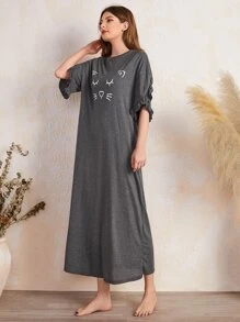 SHEIN Unity 猫咪印花荷叶边袖落肩睡裙，Moo Moo - 灰色 - 查看 3