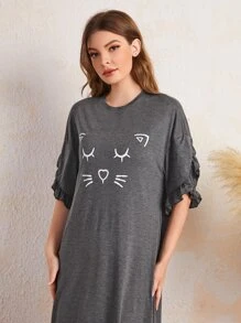 SHEIN Unity 猫咪印花荷叶边袖落肩睡裙，Moo Moo - 灰色 - 查看 5