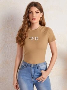 Mulvari Letter Graphic Raglan Sleeve Ribbed Knit Tee - Camel - View 1