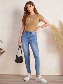 Mulvari Letter Graphic Raglan Sleeve Ribbed Knit Tee - Camel - View 3