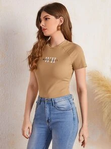 Mulvari Letter Graphic Raglan Sleeve Ribbed Knit Tee - Camel - View 4