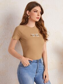 Mulvari Letter Graphic Raglan Sleeve Ribbed Knit Tee - Camel - View 5