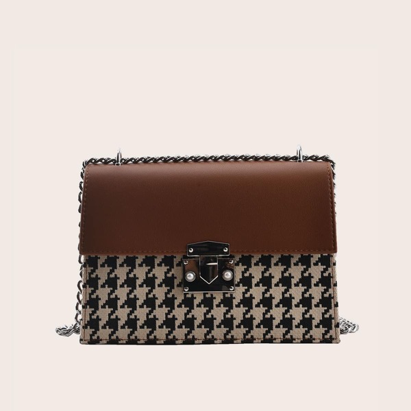 

Houndstooth Graphic Metal Lock Chain Square Bag, Multicolor