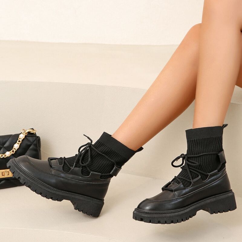 

Minimalist Lace Up Front Sock Boots, Black