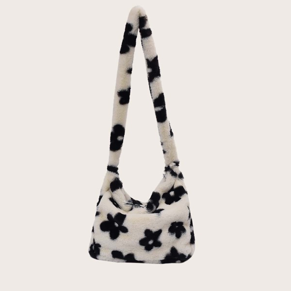 

Fuzzy Floral Pattern Square Bag, Black and white