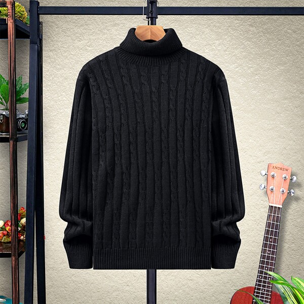 

Men Cable Knit Turtleneck Sweater, Black