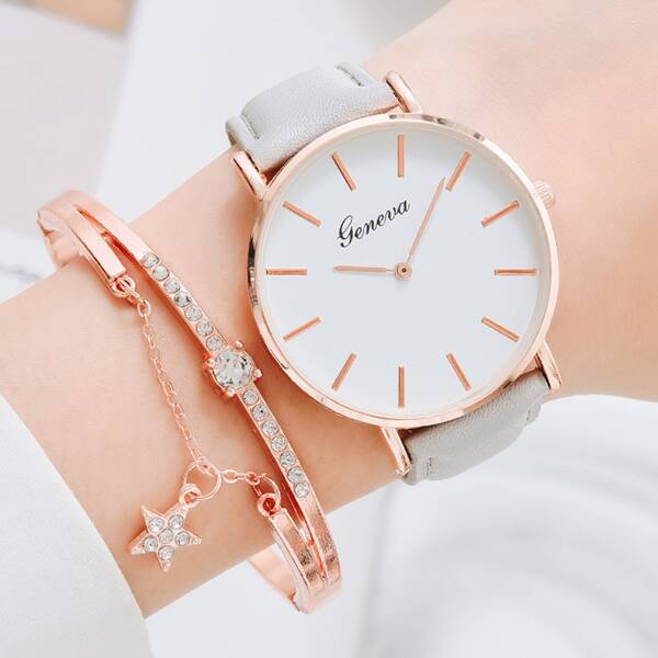 

1pc Round Pointer Quartz Watch & 1pc Bracelet