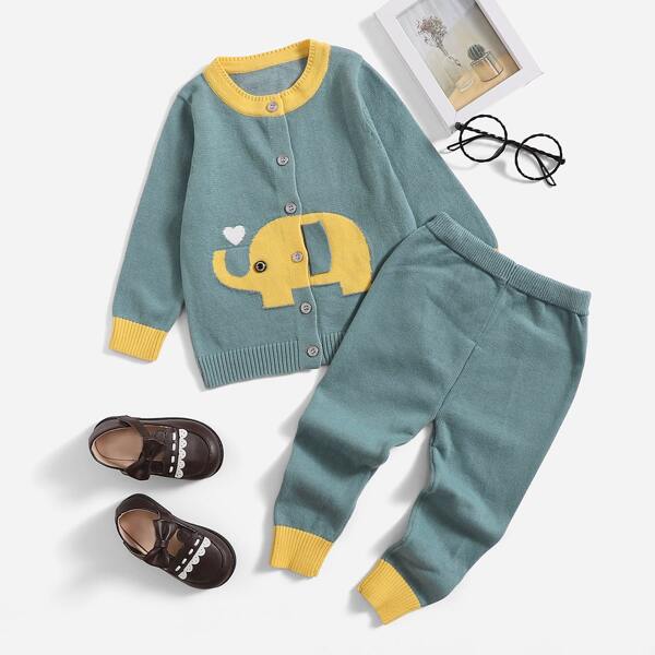 

Baby Elephant & Heart Pattern Cardigan & Knit Pants, Teal blue