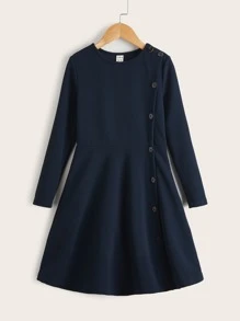 SHEIN Girls Solid Button Side Dress - Navy Blue - View 1