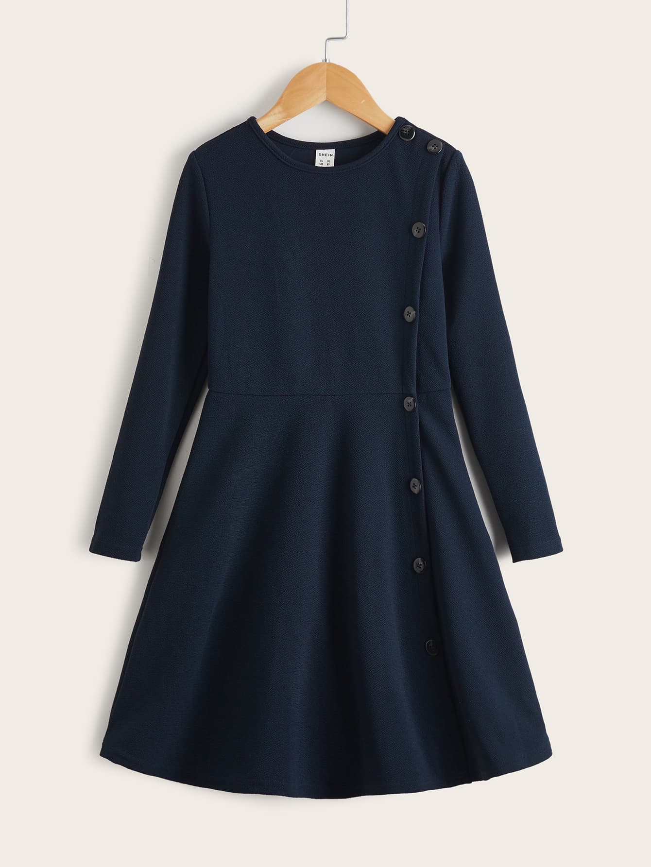 SHEIN Girls Solid Button Side Dress - Navy Blue - View 1