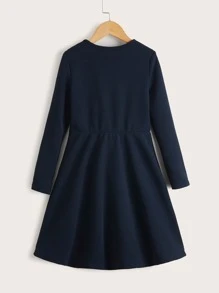 SHEIN Girls Solid Button Side Dress - Navy Blue - View 2