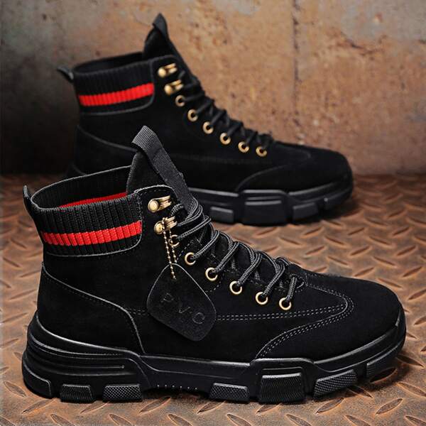 

Men Striped Pattern Lace-up Boots, Black