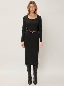 SHEIN Essnce 合身鏈條繫腰帶洋裝 - 黑色 - 查看 4