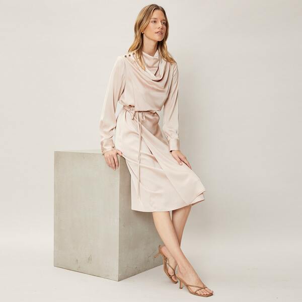 

REGULAR FIT DRAPED BELTED DRESS, Apricot