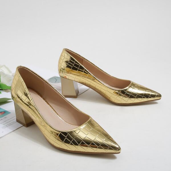 

Geometric Pattern Point Toe Court Pumps, Gold