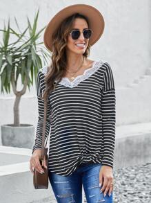 SHEIN LUNE Striped Guipure Lace Trim Drop Shoulder Tee - Black and White - View 1