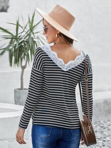 SHEIN LUNE Striped Guipure Lace Trim Drop Shoulder Tee - Black and White - View 2