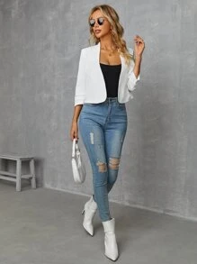 SHEIN Clasi Lớp chi tiết tay áo mở phía trước áo khoác - trắng - Xem 3