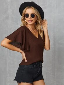 SHEIN LUNE Bell Sleeve Waffle Knit Tee - Chocolate Brown - View 1