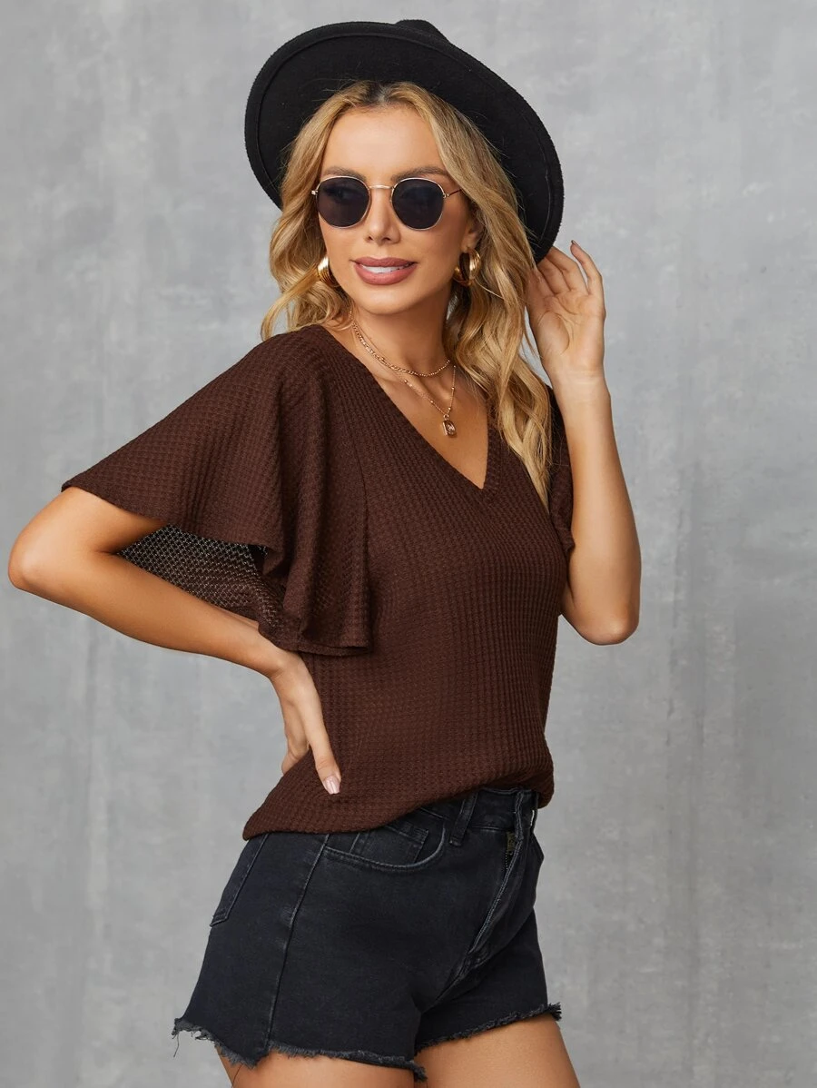 SHEIN LUNE Bell Sleeve Waffle Knit Tee - Chocolate Brown - View 1