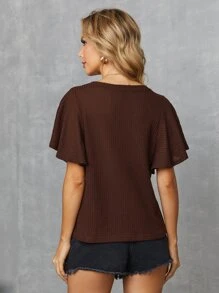 SHEIN LUNE Bell Sleeve Waffle Knit Tee - Chocolate Brown - View 2