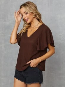 SHEIN LUNE Bell Sleeve Waffle Knit Tee - Chocolate Brown - View 3