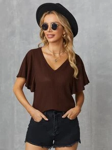 SHEIN LUNE Bell Sleeve Waffle Knit Tee - Chocolate Brown - View 4