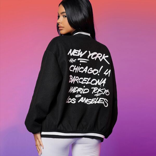

Slogan Graphic Baseball Collar Button Up Jacket, Black