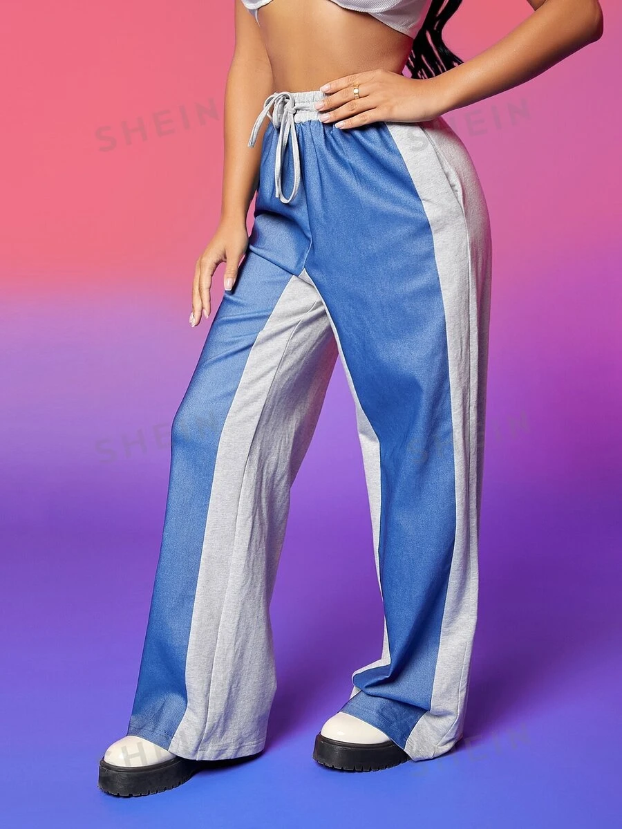 SHEIN EZwear Pantalones deportivos de color combinado con cordón de pierna recta - Multicolor - Ver 1