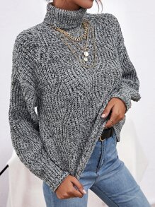 SHEIN Essnce Jersey de cuello cisne de hombros caídos jaspeado - Gris - Ver 3