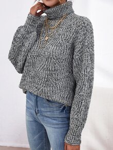 SHEIN Essnce Jersey de cuello cisne de hombros caídos jaspeado - Gris - Ver 4