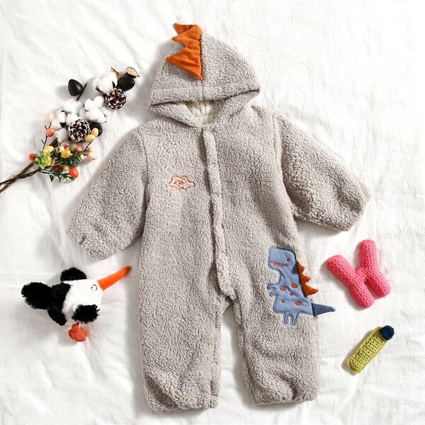 

Baby Dinosaur Embroidered 3D Patched Design Hooded Fleece Jumpsuit, Light grey